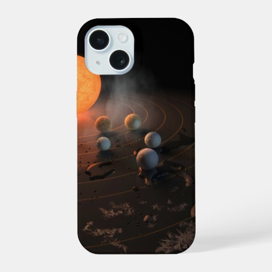 Trappist-1's zeven planeten in een baan rond de st iPhone 15 case (Achterkant)