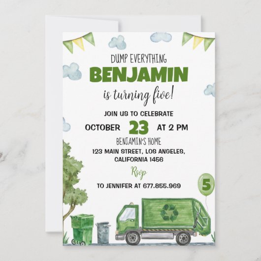 Trash Garbage Truck Birthday Invitation Kaart (Voorkant)