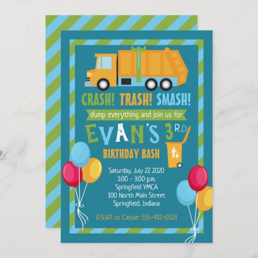 Trash Truck Birthday Invitation Kaart (Voorkant / Achterkant)