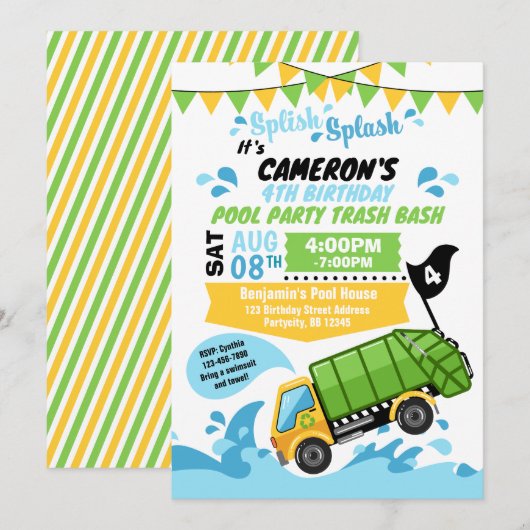 Trash Truck Pool Party Summer Splash Birthday Kaart (Voorkant / Achterkant)