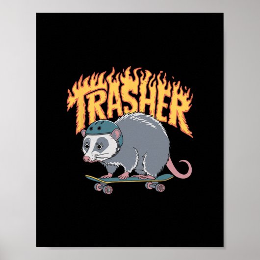 Trasher Skateboarding Opossum Helm Flames Skate  Poster (Voorkant)