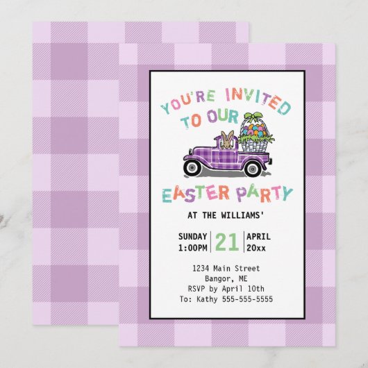  Trauck Paarse Gingham Paaspartij Kaart (Voorkant / Achterkant)