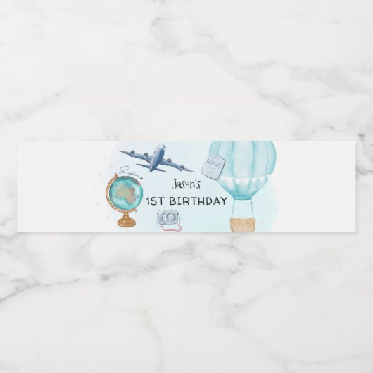 Travel Adventure Blue Boys 1e verjaardag Waterfles Etiket (Enkel label)