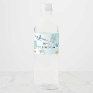 Travel Adventure Blue Boys 1e verjaardag Waterfles Etiket