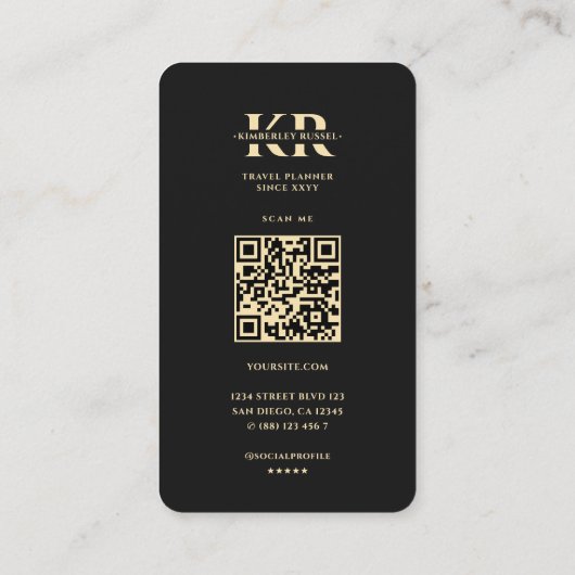 Travel Adventure Wereldkaart Zwart Goud Monogram Visitekaartje (Achterkant)