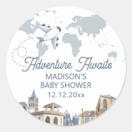 Travel Adventure World Map Airplane Baby Shower  Ronde Sticker