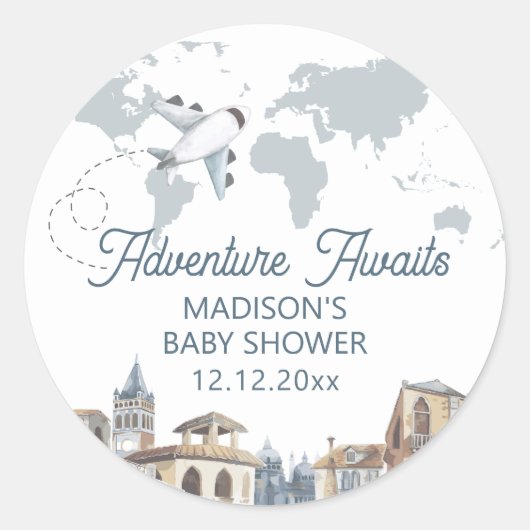 Travel Adventure World Map Airplane Baby Shower  Ronde Sticker (Voorkant)