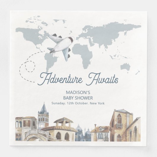 Travel Adventure World Map Airplane Baby Shower Servet (Voorkant)