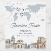 Travel Adventure World Map Airplane Baby Shower Wijn Etiket (Enkel label)