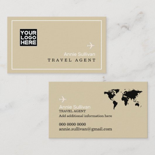 Travel Agent Logo Plane World Map Beige Visitekaartje (Voorkant / Achterkant)