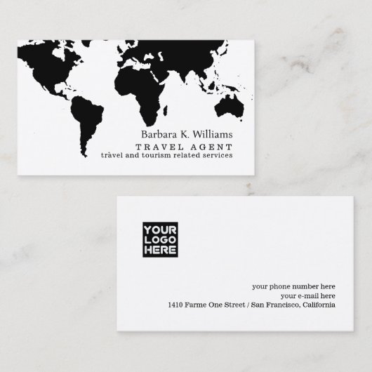 Travel Agent Modern Black White Business Card  Visitekaartje (Voorkant / Achterkant)