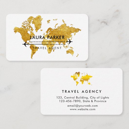 Travel Agent Wereldkaart Vacation Gold Glitter Visitekaartje (Voorkant / Achterkant)