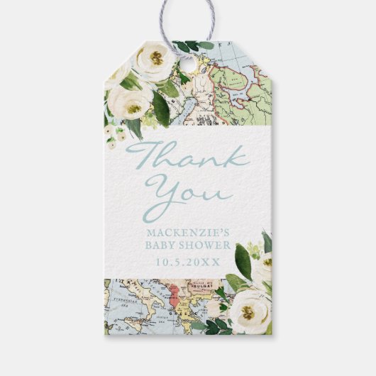 Travel Baby shower Map Flowers Dank u Cadeaulabel (Voorkant)