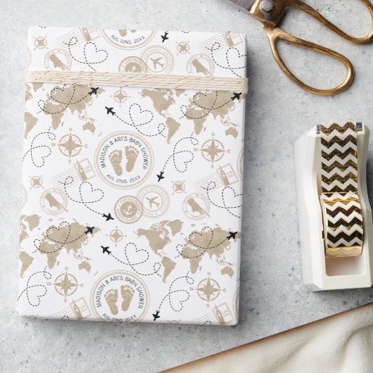 Travel Baby shower Wereldkaart Wrapping Paper Cadeaupapier