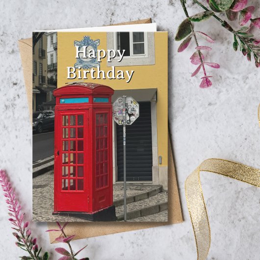 Travel Birthday Red Phone Booth Fun Photo Kaart