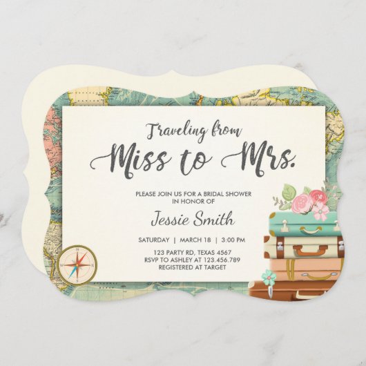 Travel Bridal douche-uitnodiging Miss aan Mrs. Kaart (Voorkant / Achterkant)