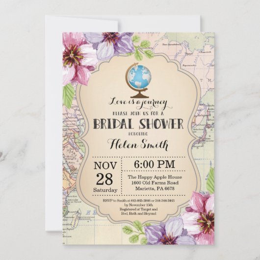 Travel Bridal Shower Invitation Floral Kaart (Voorkant)