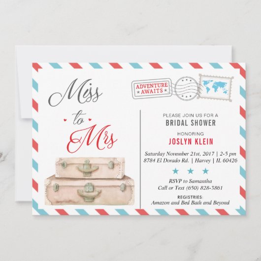 Travel Bridal Shower Uitnodiging, Miss to Mrs. Kaart (Voorkant)