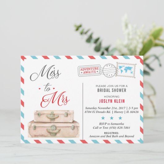 Travel Bridal Shower Uitnodiging, Miss to Mrs. Kaart (Staand voorkant)
