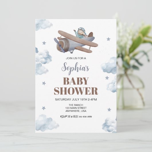 Travel Cloud Star Sky Boy Blue Airplan Baby shower Kaart (Staand voorkant)