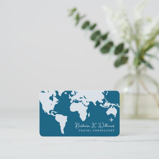 Travel Consultant wereldkaart blauw Visitekaartje (Staand voorkant)