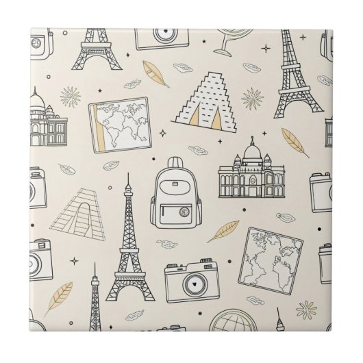 Travel Doodle Seamless Pattern Tegeltje (Voorkant)