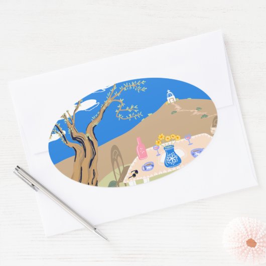 Travel keepsake Greek afternoon olive tree scene Ovale Sticker (Envelop)