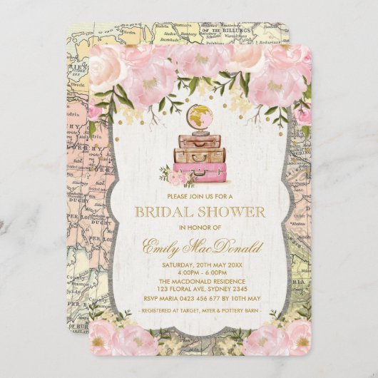 Travel Map Adventure Bridal Shower Uitnodiging (Voorkant / Achterkant)