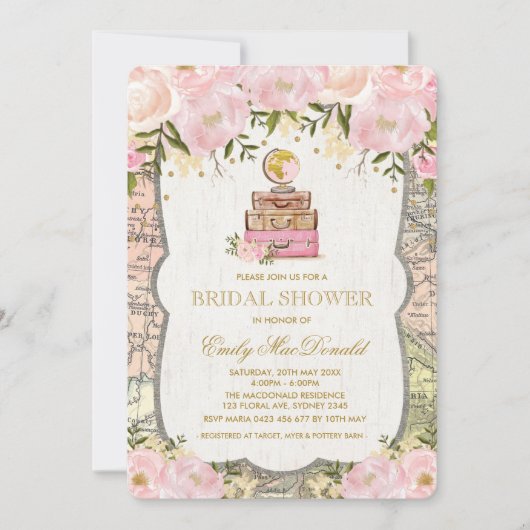 Travel Map Adventure Bridal Shower Uitnodiging (Voorkant)