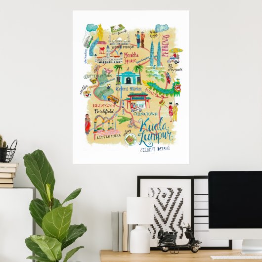 Travel map Kuala Lumpur yellow Asia illustratief Poster (Thuiskantoor)