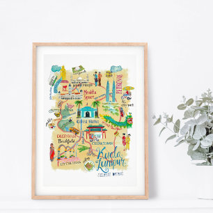 Travel map Kuala Lumpur yellow Asia illustratief Poster