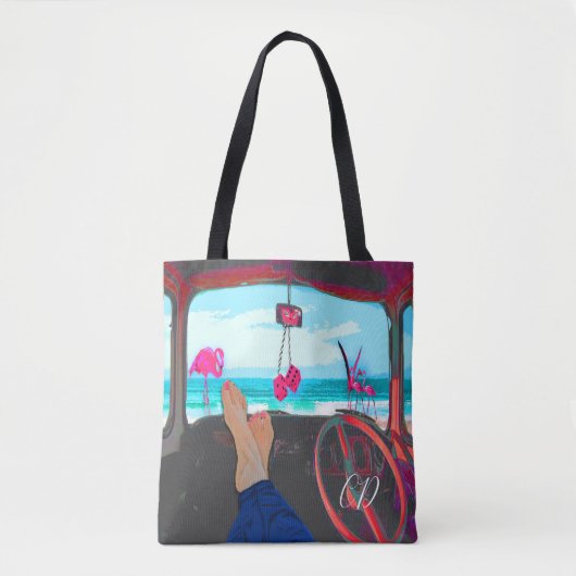 Travel Monogram Beach Scene Flamingos Tote Bag (Voorkant)