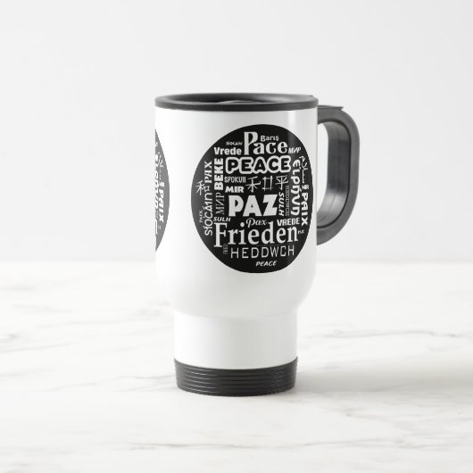 Travel mug multi-language peace pax paz reisbeker (Voorkant rechts)