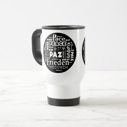 Travel mug multi-language peace pax paz reisbeker (Voorkant links)