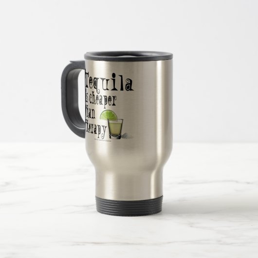 TRAVEL MUG - TEQUILA, CHEAPER DAN THERAPIE REISBEKER (Voorkant links)