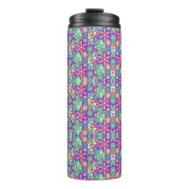 Travel mug with vibrant, kaleidoscopic pattern. thermosbeker