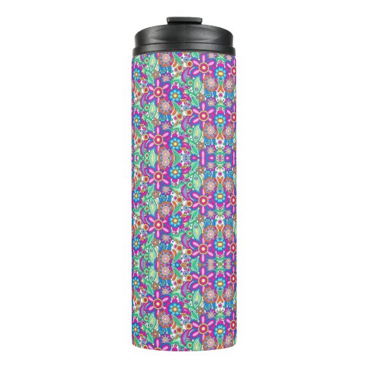 Travel mug with vibrant, kaleidoscopic pattern. thermosbeker (Voorkant)