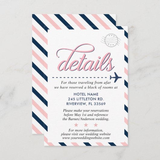 Travel  Navy Pink Wedding Suite Details Informatiekaartje (Voorkant / Achterkant)