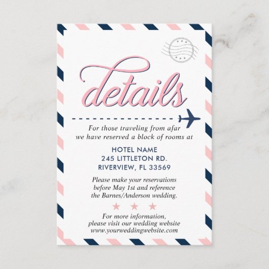 Travel  Navy Pink Wedding Suite Details Informatiekaartje (Voorkant)