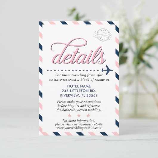 Travel  Navy Pink Wedding Suite Details Informatiekaartje (Staand voorkant)
