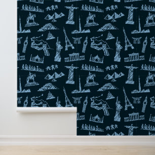 Travel Pattern in Blues Pattern Behang