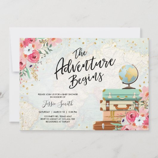 Travel themed Baby shower nodigt uit Adventure Beg Kaart (Voorkant)