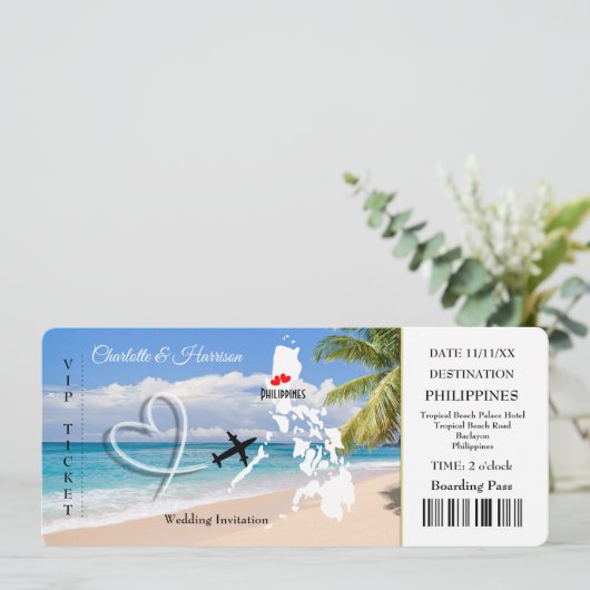Travel Ticket Destination Wedding Filippijnen Kaart (Staand voorkant)