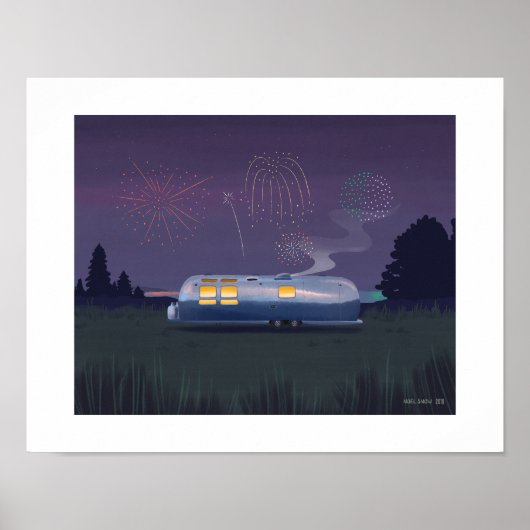 Travel Trailer Zilveren RV & Night Sky Art Print (Voorkant)