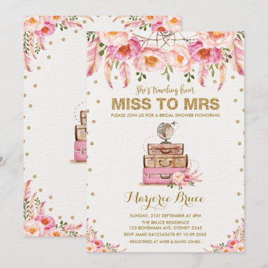 Travel Vrijgezellenfeest Miss naar Mrs Boho Blush Kaart (Voorkant / Achterkant)