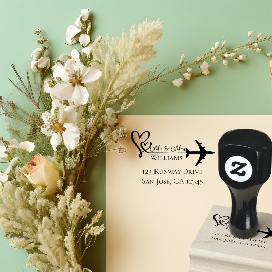 Travel Wedding Vliegtuig & Harten moderne luchtvaa Rubberstempel