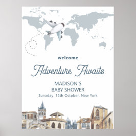 Travel World Map Airplane Baby Shower Welcome  Poster