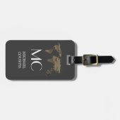 Traveller Wood Wereldkaart zwart monogram naam Bagagelabel (Voorkant horizontaal)