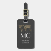 Traveller Wood Wereldkaart zwart monogram naam Bagagelabel (Voorkant verticaal)