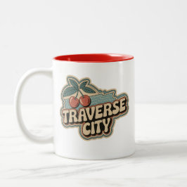 Traverse City 70s Retro Michigan Vintage Kersen Tweekleurige Koffiemok